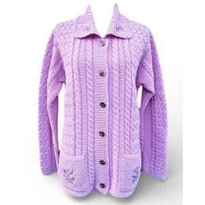 ARAN CRAFTS Wool Cardigan Cable Knit Sweater Floral Embroidery Fisherman‎ Sz M